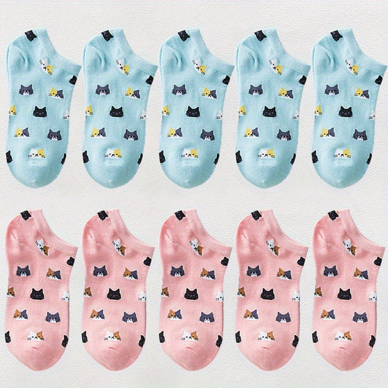 10 Pairs Cartoon Cat Print Socks Low Cut Ankle Socks Women's Stockings