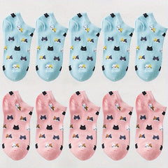 10 Pairs Cartoon Cat Print Socks Low Cut Ankle Socks Women's Stockings