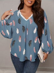 Feather Print Lace Trim V Neck Top