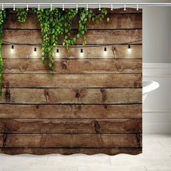 Rustic Wooden Board Shower Curtain with Green Leaves