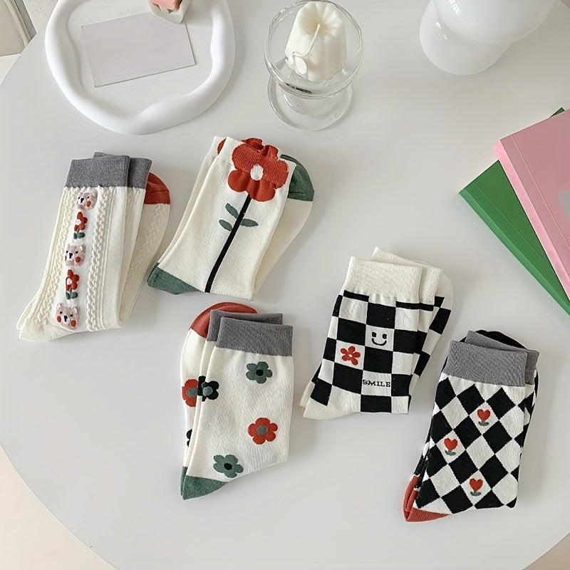 5 Pairs Floral Print Socks Mid Tube Women's Stockings & Hosiery