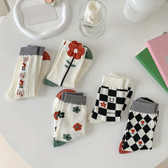 5 Pairs Floral Print Socks Mid Tube Women's Stockings & Hosiery