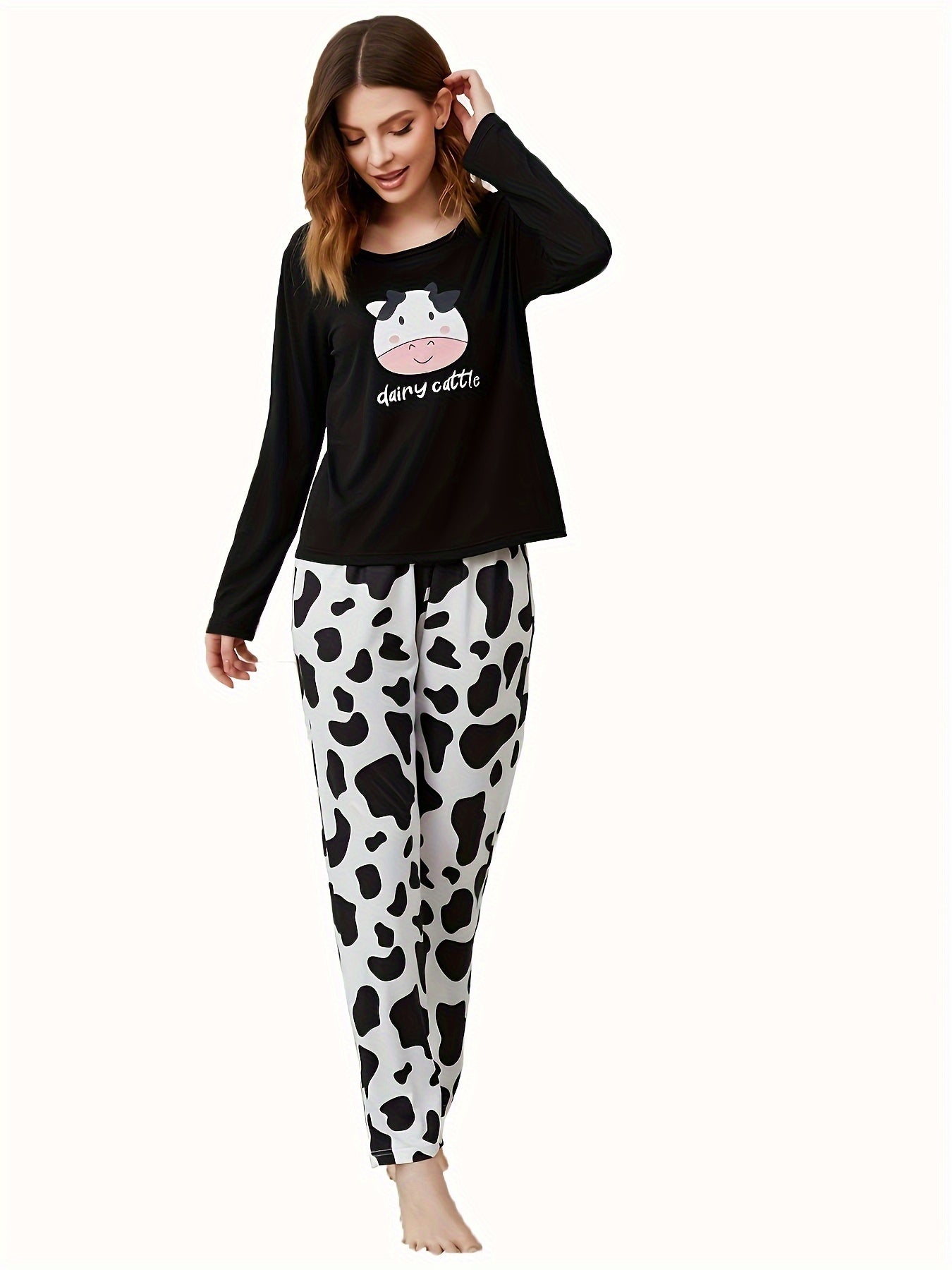 Cow Print Lounge Set Crew Neck Top & Lounge Pants Women's Loungewear
