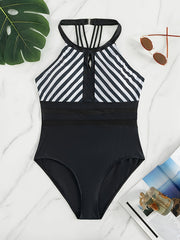  Modest Swimsuit Coloblock Stripe Print One Piece Bathing Suit