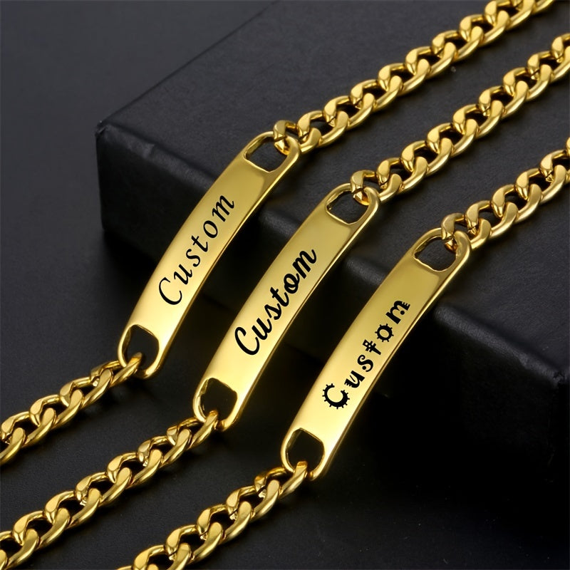 Personalized Name Men's Bracelet Engraved Stainless Steel Golden Nameplate Gift