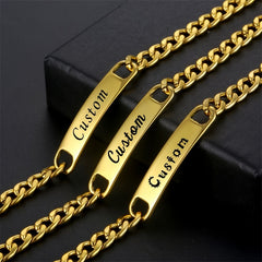 Personalized Name Men's Bracelet Engraved Stainless Steel Golden Nameplate Gift