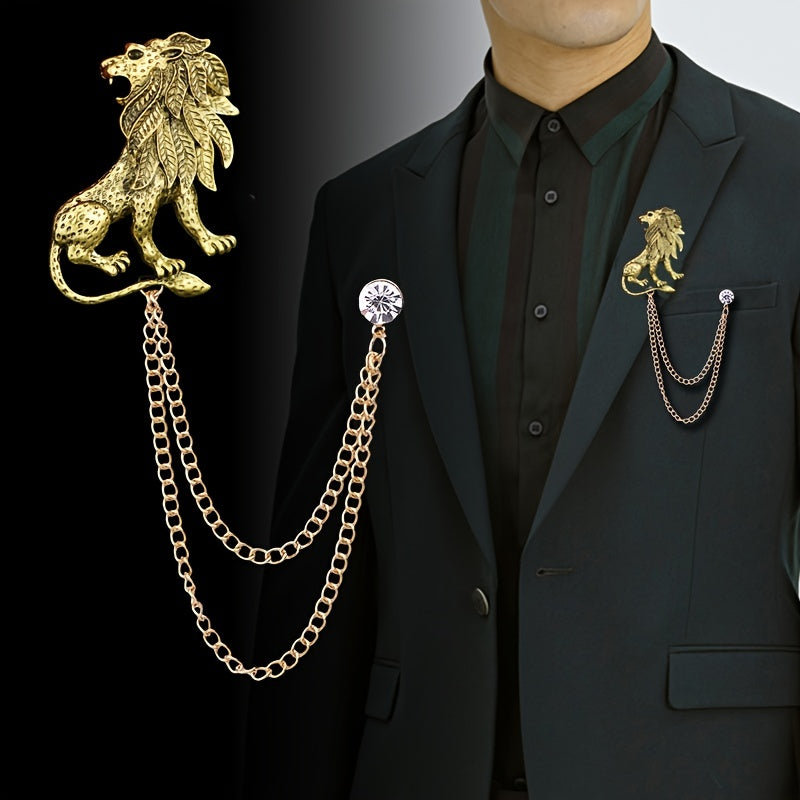 Vintage Animal Lion Brooch Chain Tassel Business Suit Pin