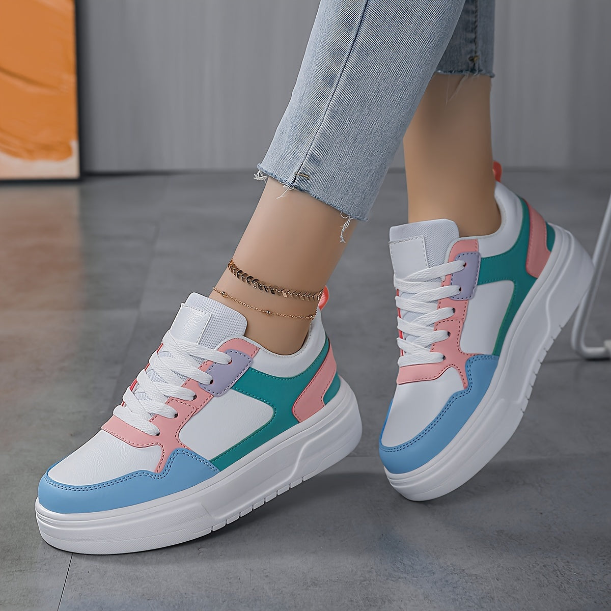 Women's Faux Leather Chunky Sneakers for Outdoor Sports