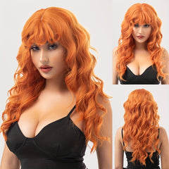 Orange Long Wavy Cury Hair Wigs With Bangs Synthetic Hair Replacement Wigs