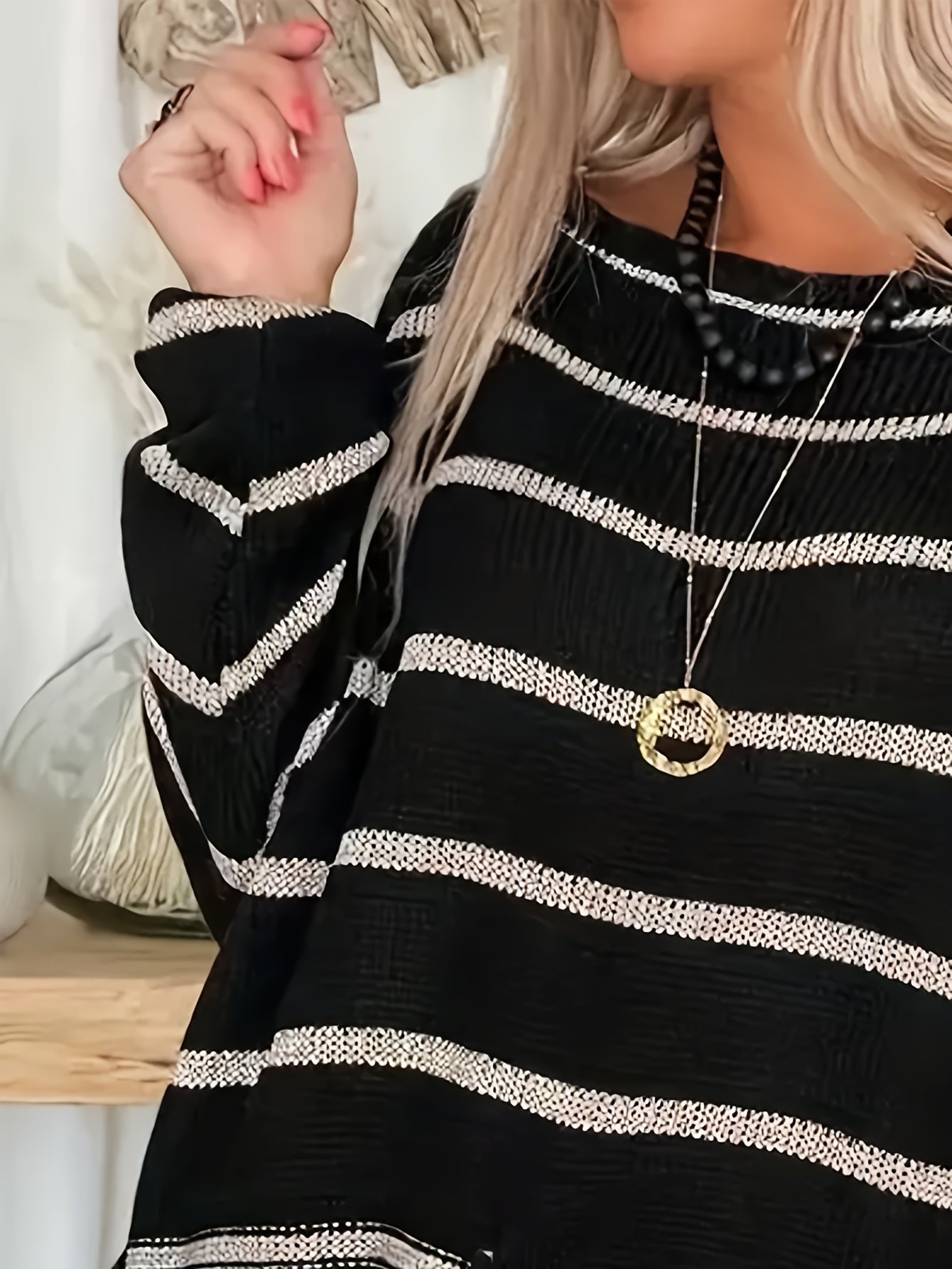  Striped Button Decor Sweater Round Neck Loose Jumper