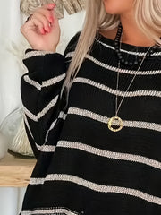  Striped Button Decor Sweater Round Neck Loose Jumper