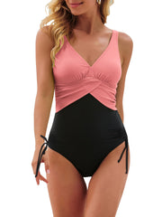 Ruched One Piece Swimsuit Drawstring Tie Side High Cut Bathing Suit