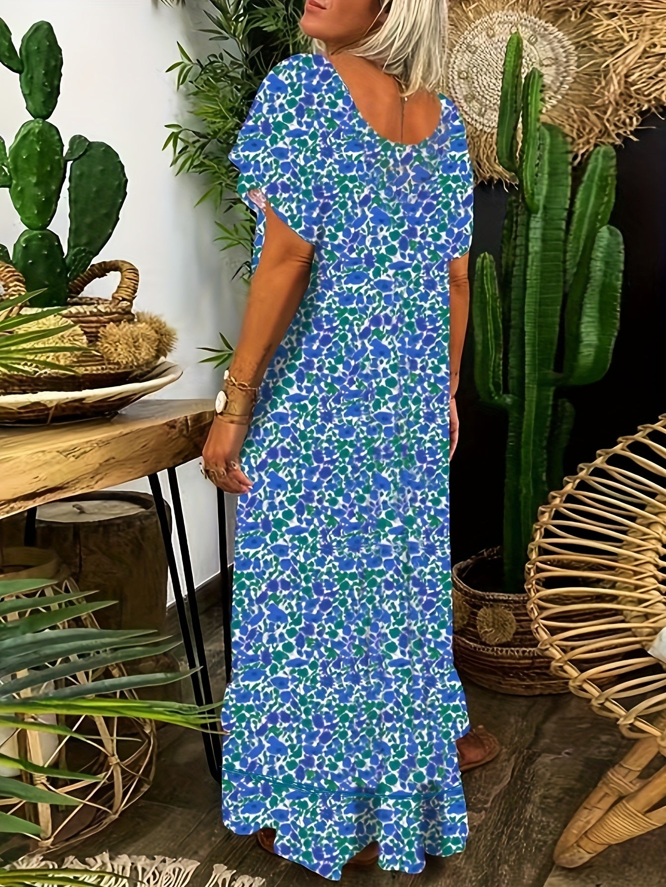  Boho Dress Floral Print V Neck Maxi Dress