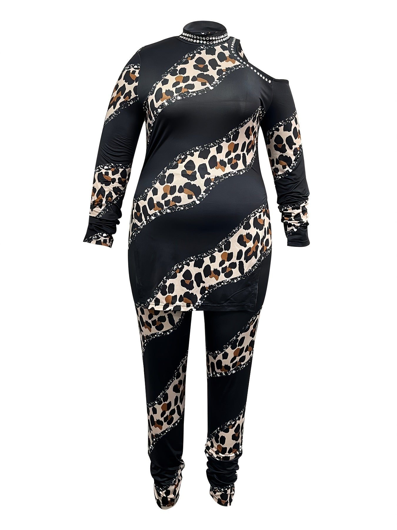 Women's Plus Fluid Print One Shoulder Top & Pants Outfit Set
