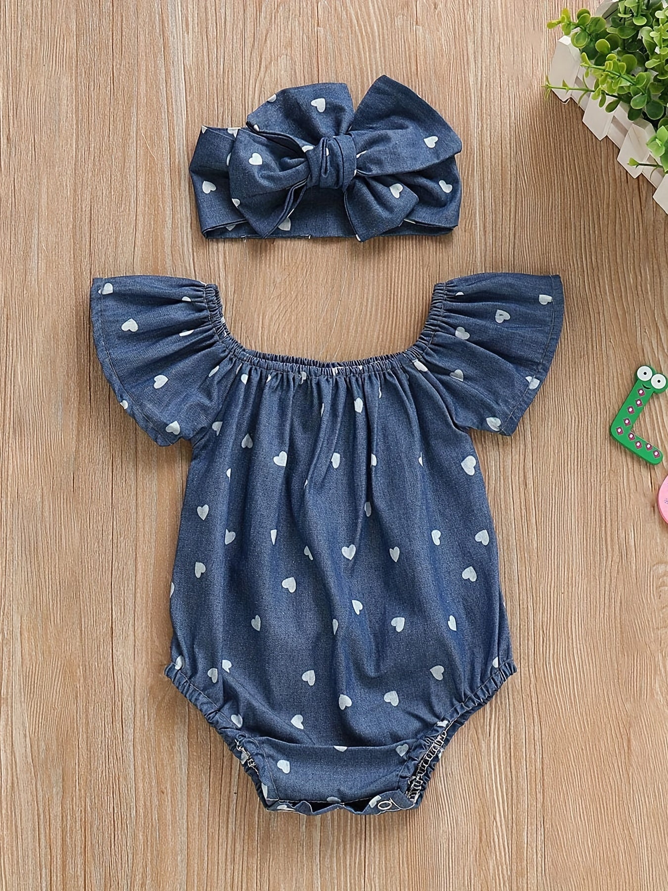 Girls Heart Print Romper & Bow Headband Set
