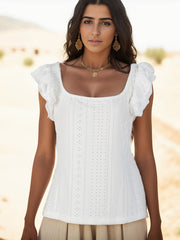 Eyelet Embroidered Square Neck Tank Top Casual Ruffles Trim