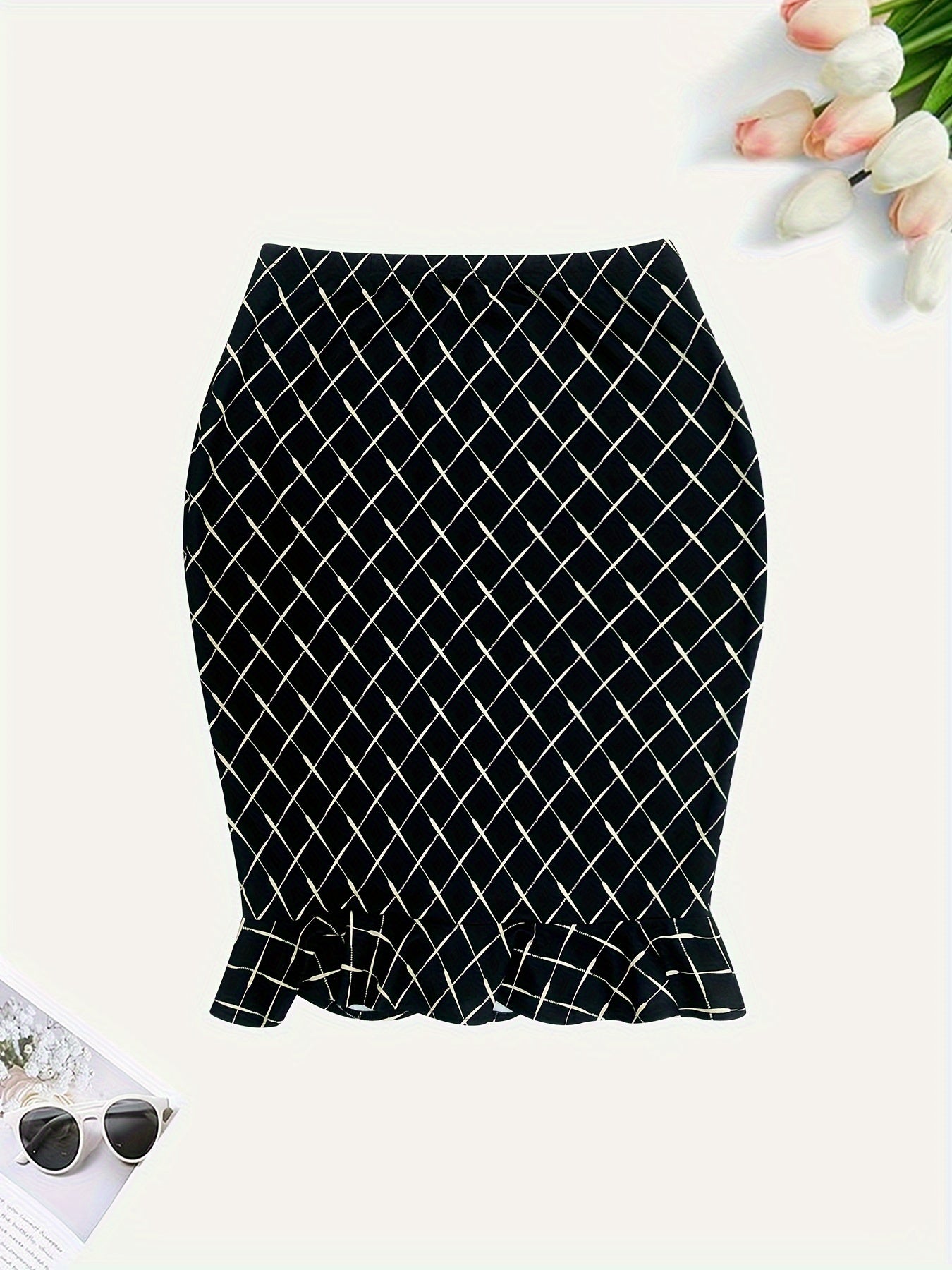  Argyle Print High Rise Ruffle Trim Bodycon Midi Skirt