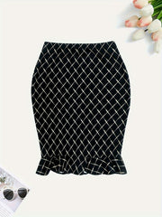  Argyle Print High Rise Ruffle Trim Bodycon Midi Skirt