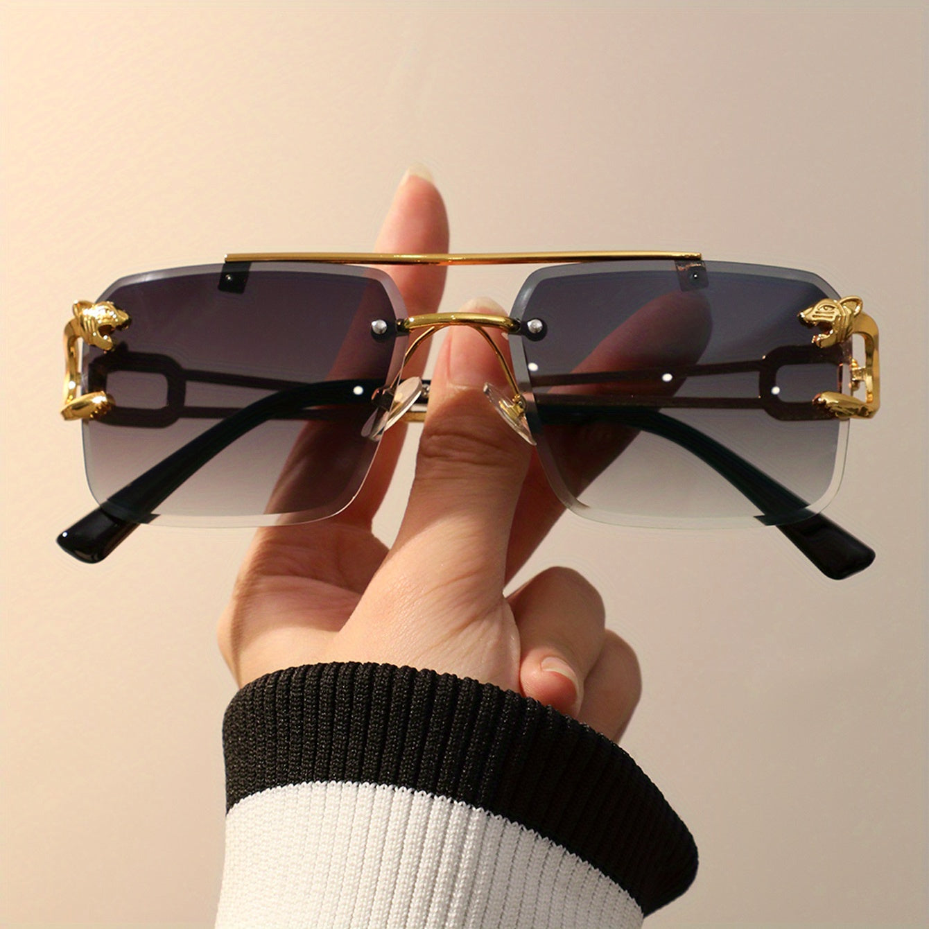 Leopard Charm Sunglasses Top Bar Rimless Metal Sun Shades UV400