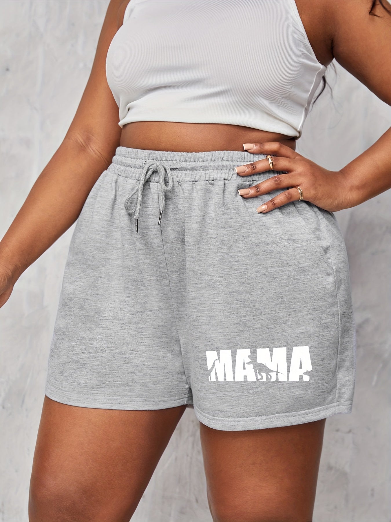 Women's Plus Letter & Dinosaur Print High Rise Drawstring Shorts