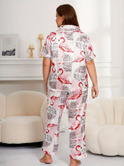  Flamingo & Leaf Print Satin Pajamas Set