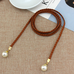 Braided Thin Belt Women's Decor Waist Rope Sweet Dress Tie With Pearl