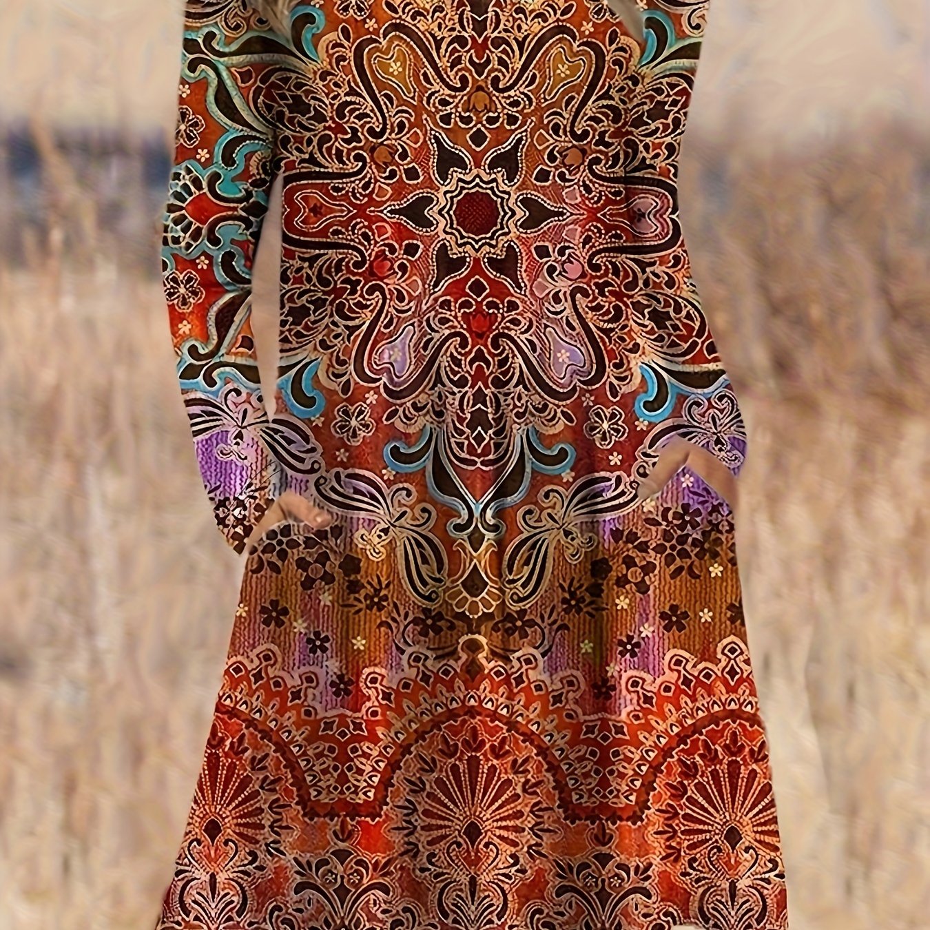  Boho Dress Women's Plus Floral Print Long Sleeve Dress With Pockets
