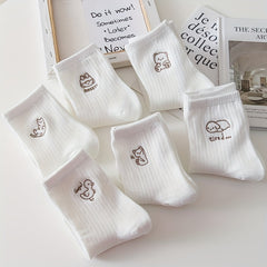 6 Pairs Cartoon Embroidery Mid Tube Socks Women's Stockings