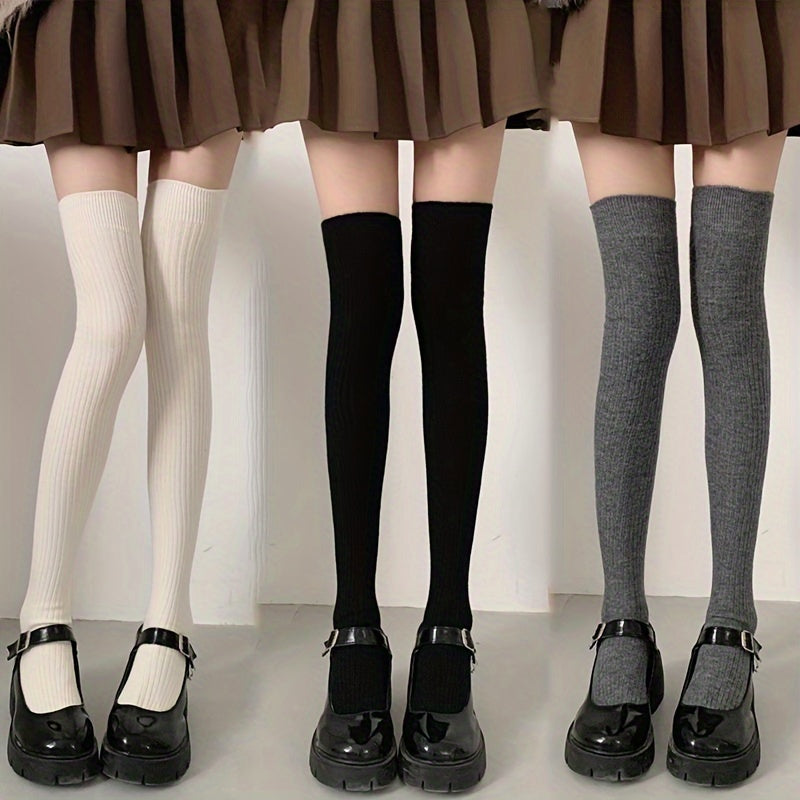 3 Pairs Solid Thigh High Socks Women's Stockings