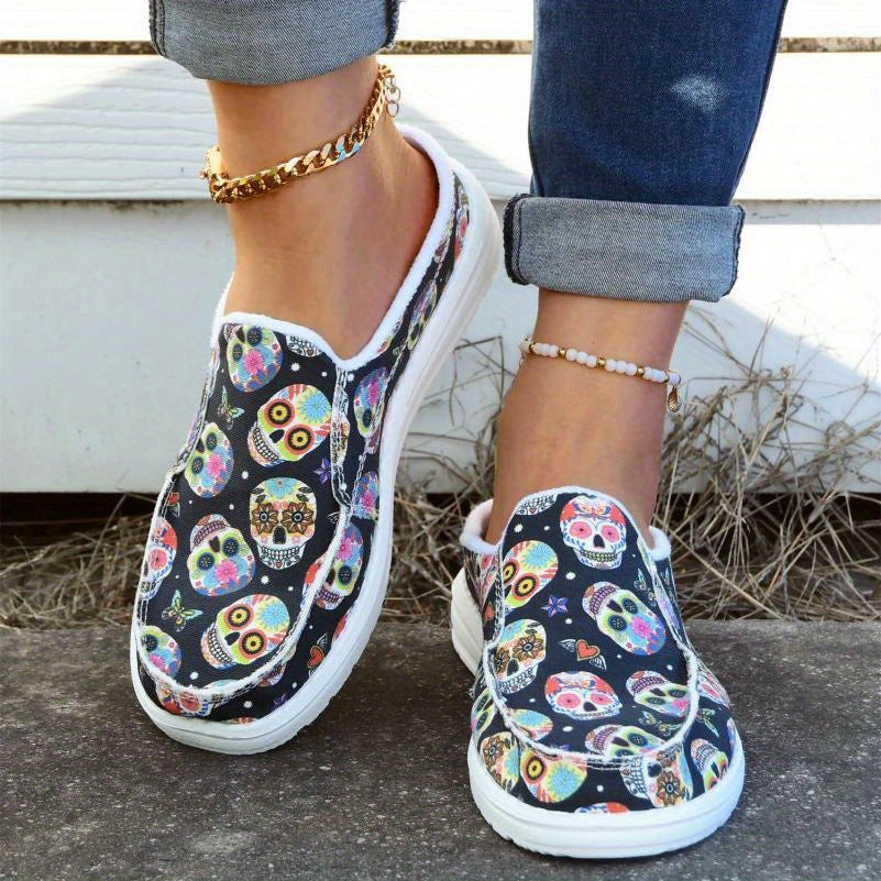 Skull Pattern Canvas Slip-On Shoes for Women Lightweight Halloween Shoes