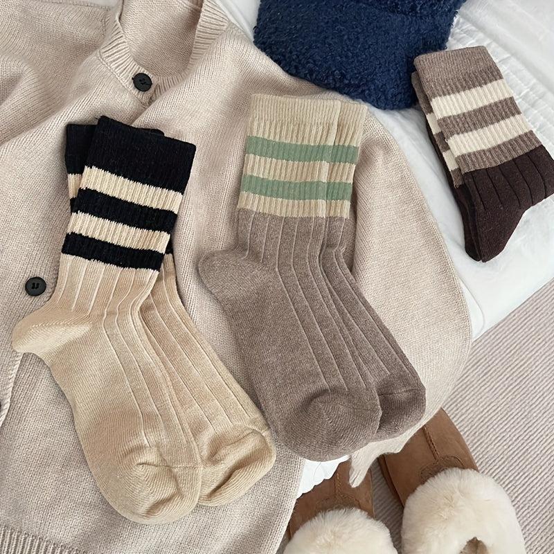5 Pairs Striped Crew Socks Mid Tube Soft Stockings Women's Hosiery