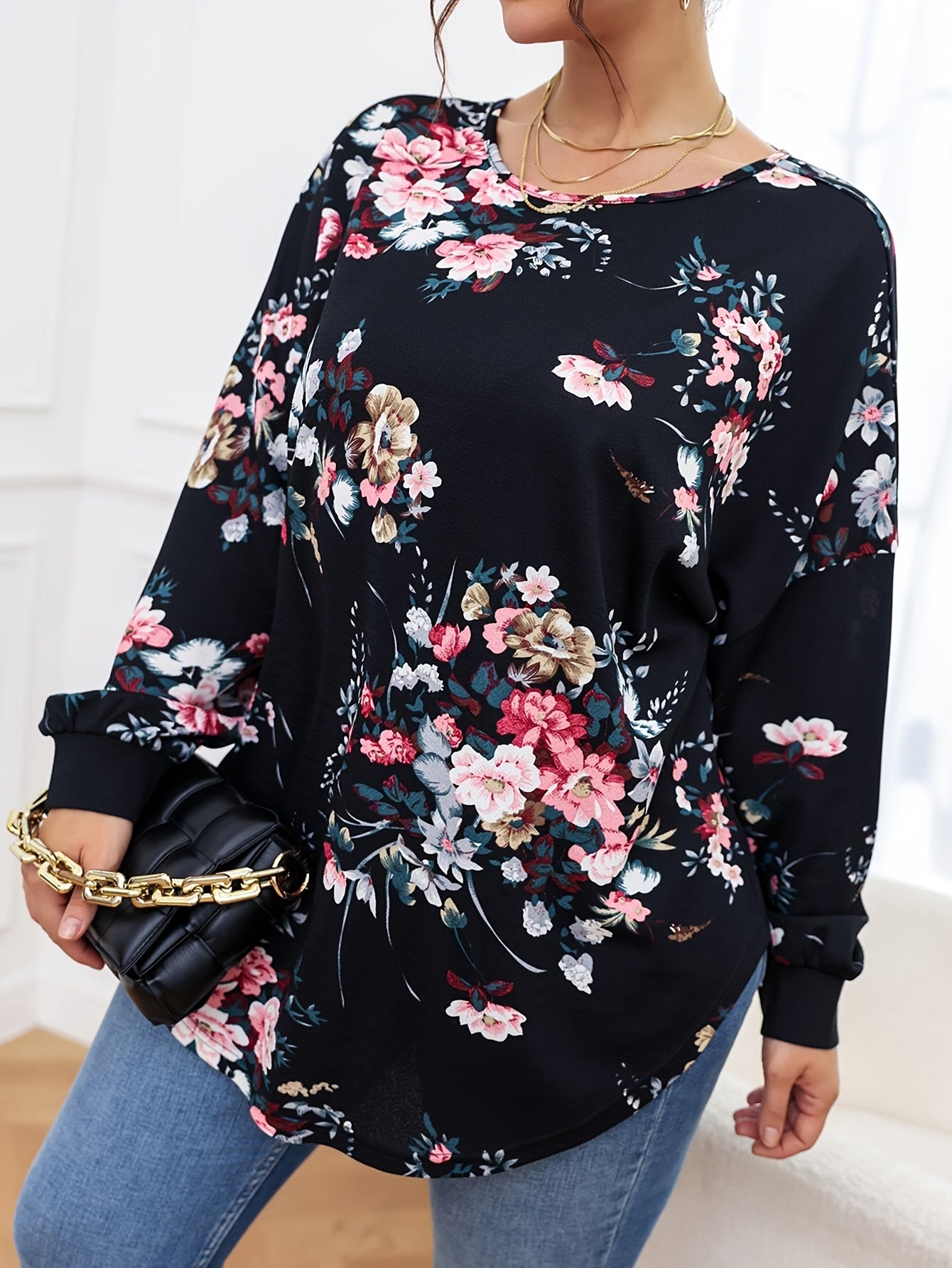 Women's Plus Size Floral Print Long Sleeve V Neck Tunic Top