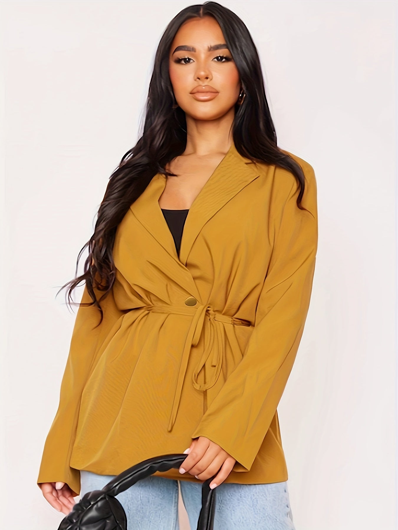  Solid Long Sleeve Workwear Blazer With Belt