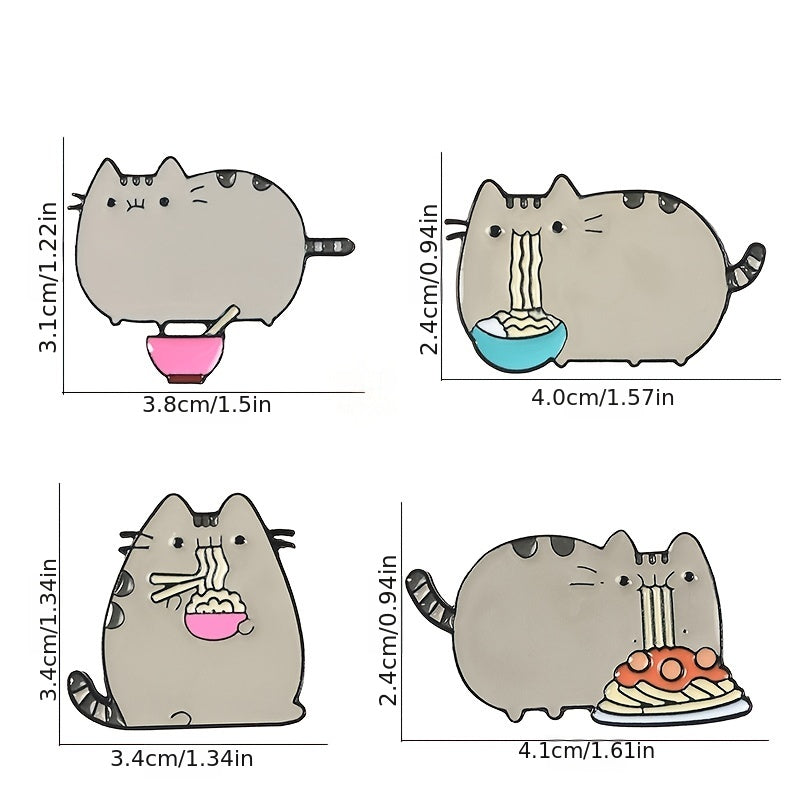 Cute Gray Cat Eating Noodle Brooch