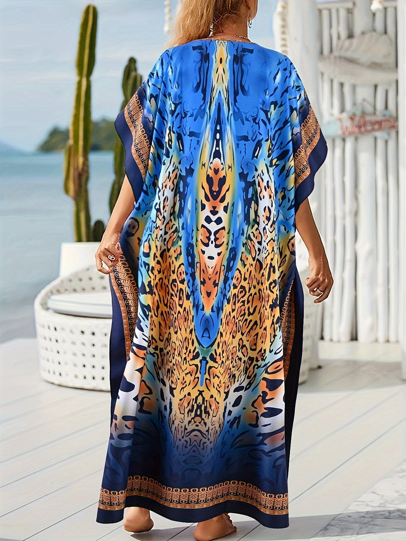  Boho Kaftan Dress Leopard Print V Neck Maxi Beachwear Dress