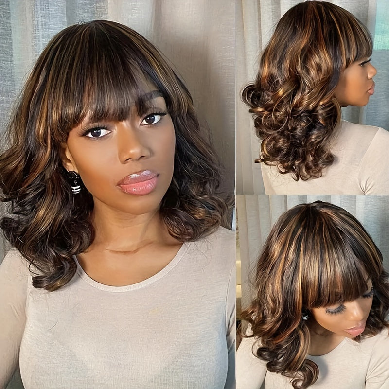 Ombre Colored Human Hair Wig with Bangs
