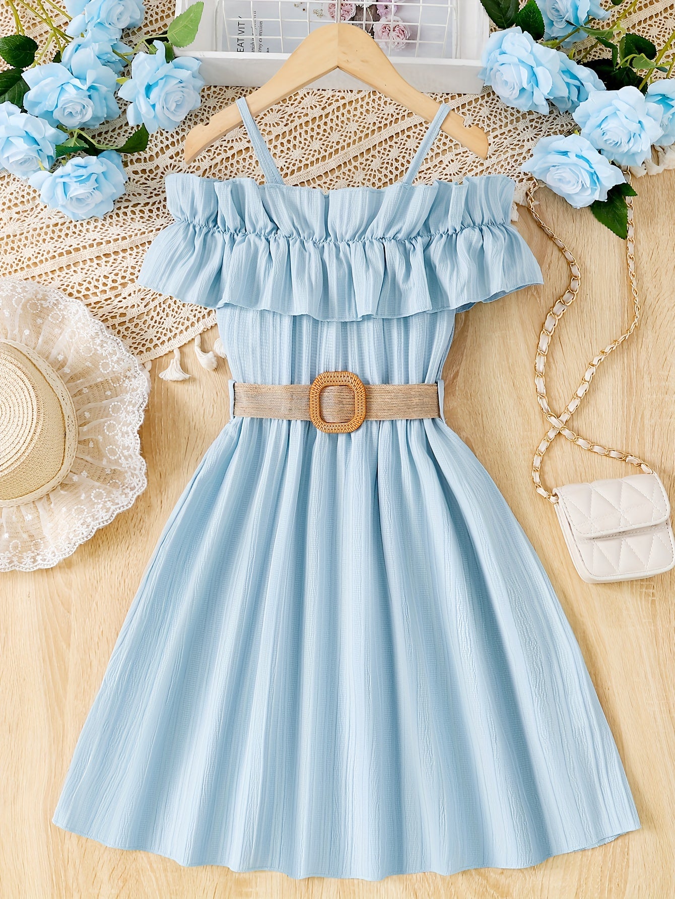 Girls' Preppy Ruffle Neck Strappy Tunic Dress For Party