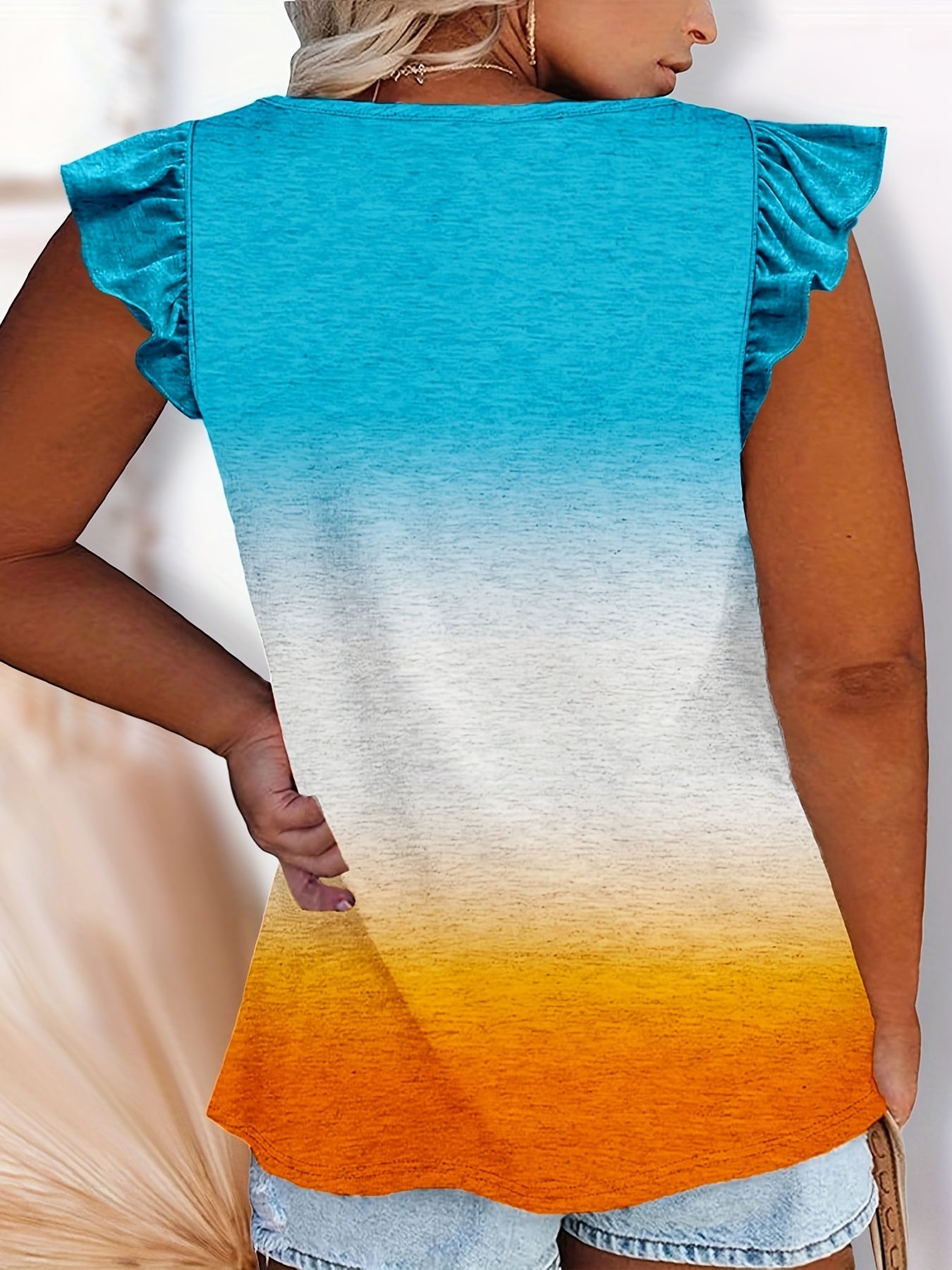  Colorblock Leopard Print Ruffle Sleeve Tank Top