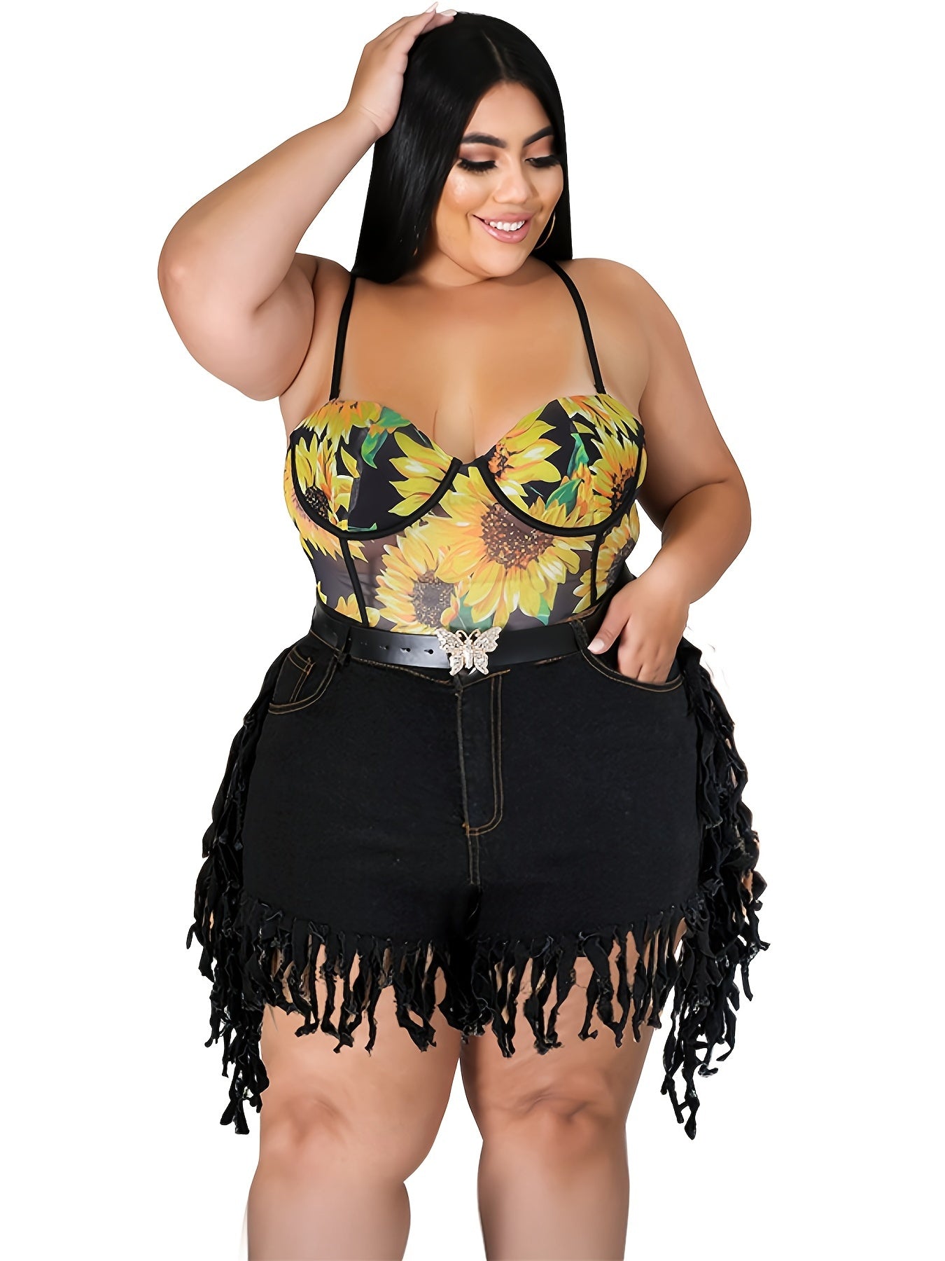  Fringe Trim Denim Shorts Women's Plus Medium Stretch Jean Shorts