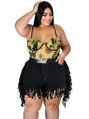  Fringe Trim Denim Shorts Women's Plus Medium Stretch Jean Shorts