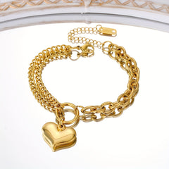 Heart Pendant Double Layers Chain Bracelet Stainless Steel Bangle