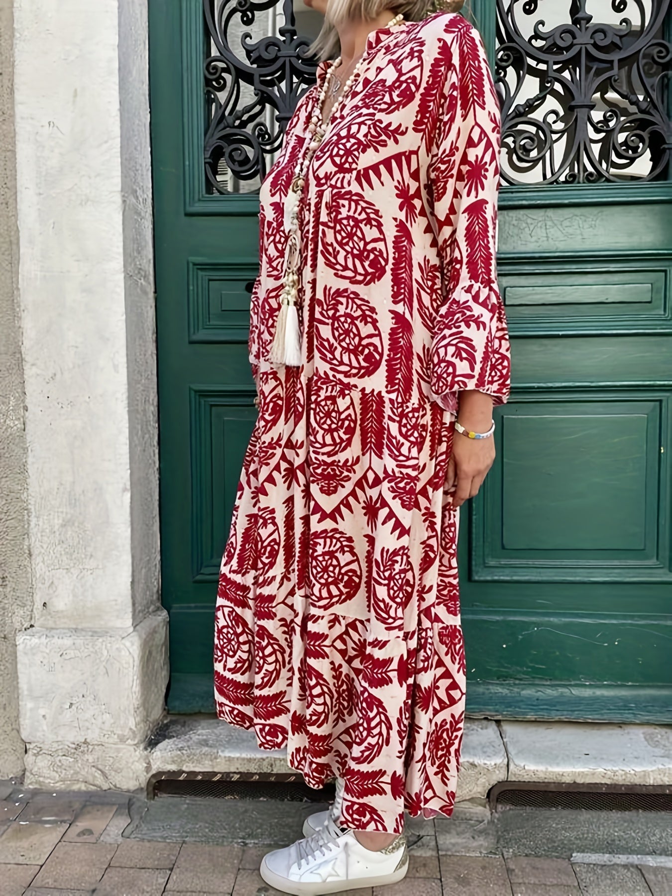  Geometric Print Bell Sleeve Maxi Dress