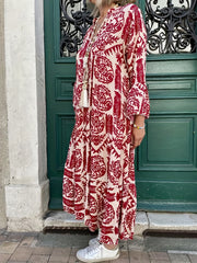  Geometric Print Bell Sleeve Maxi Dress