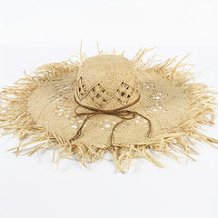 Women's Apricot Raffia Straw Hat Frayed Hand Woven Beach Sun Hat