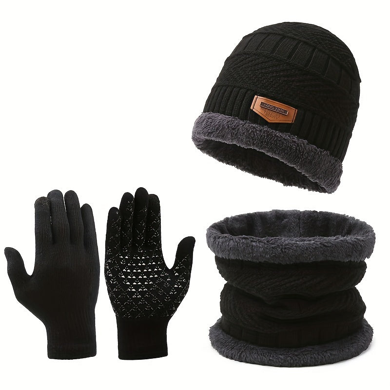 Winter Knitted Hat Scarf Gloves Set Velvet Neck Gaiter Touch Screen