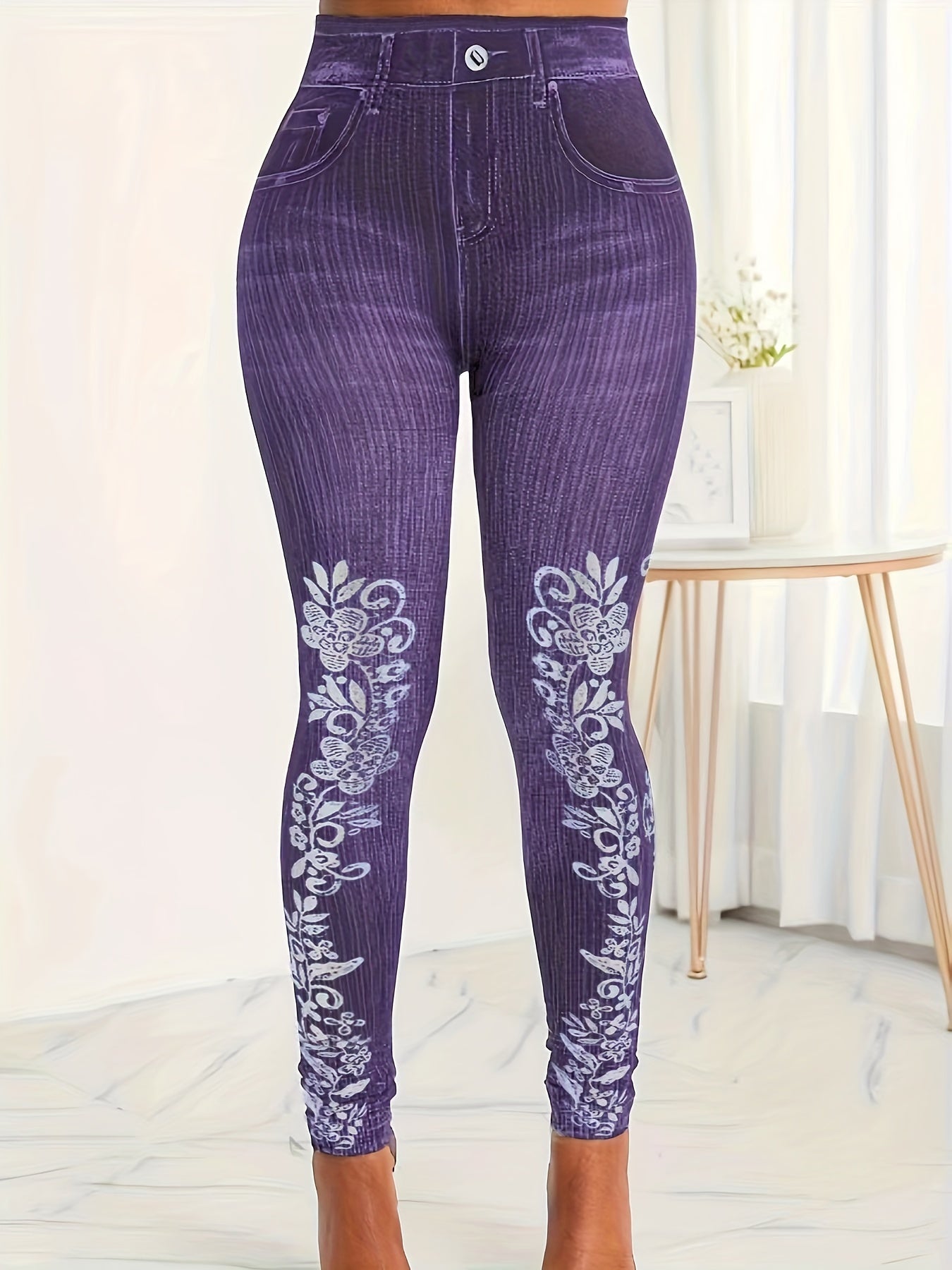  Floral Denim Print Leggings High Rise Medium Stretch