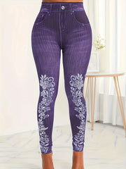  Floral Denim Print Leggings High Rise Medium Stretch