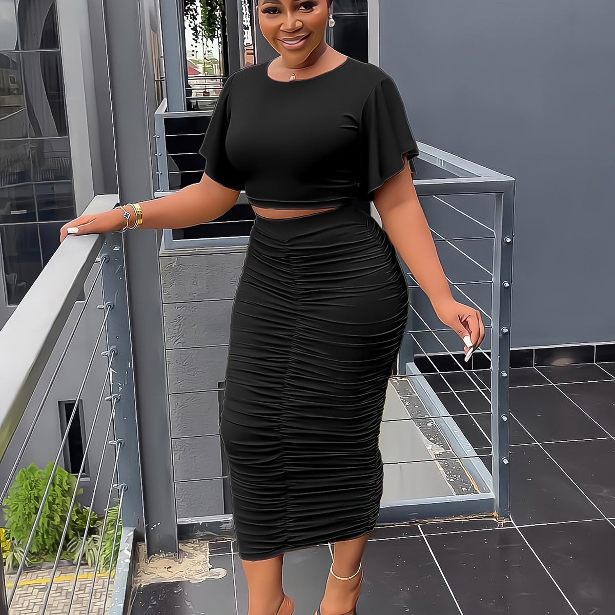 Solid Two Piece Set Flared Sleeve Crop T-shirt & Ruched Midi Skirts