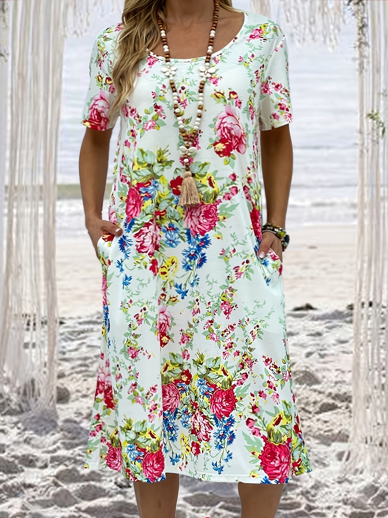  Women's Floral Print Round Neck Dress