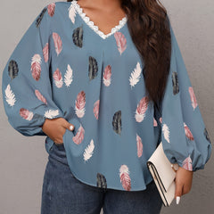  Feather Print Lace Trim V Neck Top
